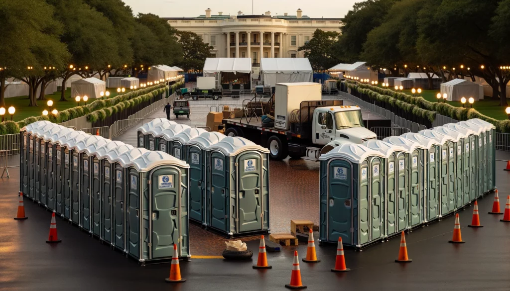 Festival porta potty bank with barricades in Arvada, Colorado